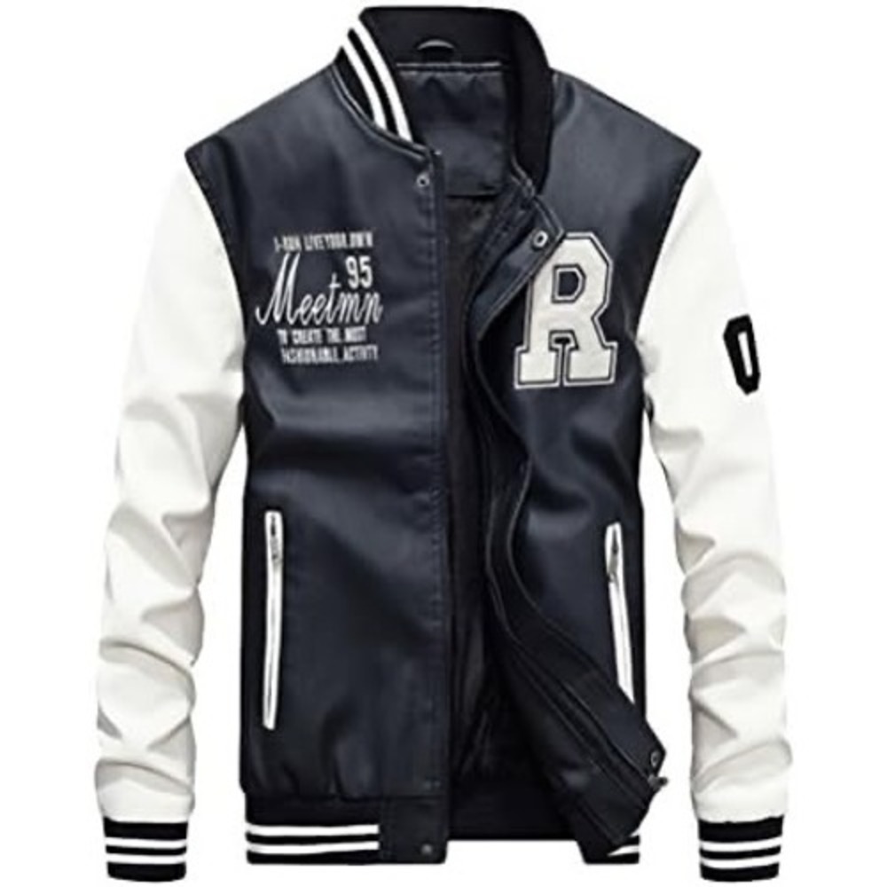 Meetmn Mens Faux Leather Varsity Jacket Letterman Bomber Fleece Lined Sz L